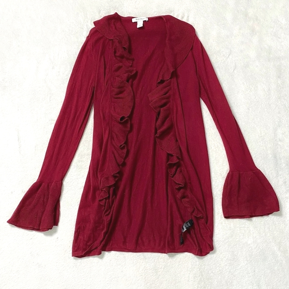 🌹 White House Black Market Retro Red Flare Ruffle Sleeve Midi Long Cardigan M
